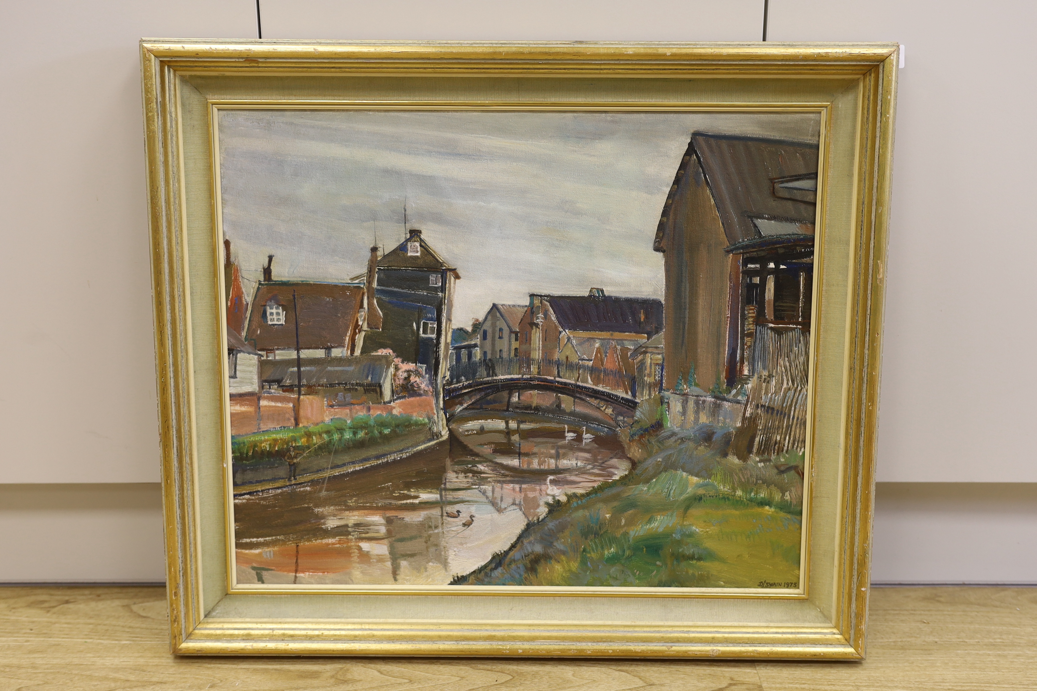 Dorothy L. Swain (1922-2018), oil on canvas board, 'The Old Bridge, Lewes', signed and dated 1973, 50 x 60cm